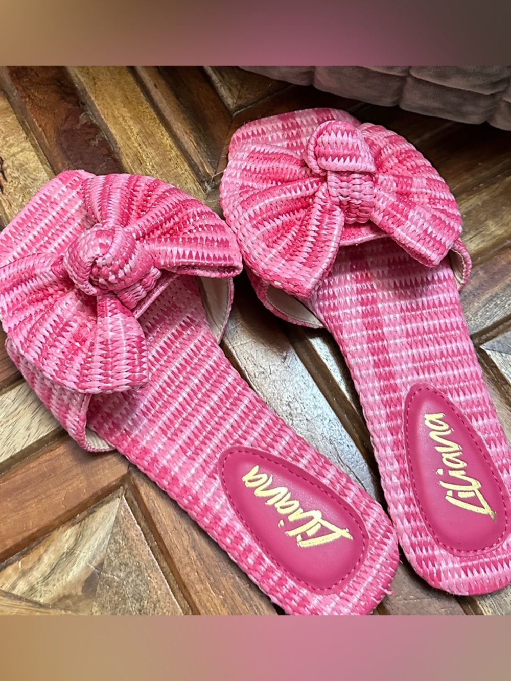 Liliana Pink Woven Bow Slide Sandals